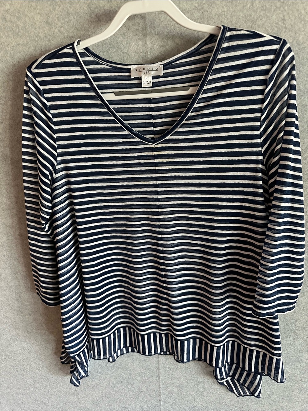 Studio JPR Women's Navy and White Striped V-Neck Top
